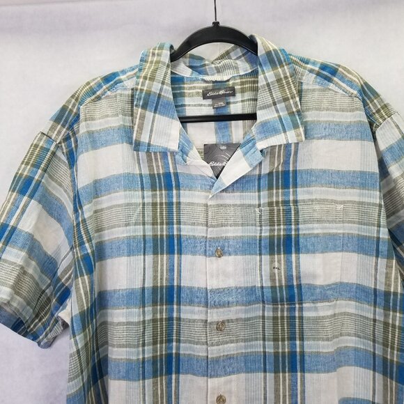 Eddie Bauer Camp Shirt Men's XXL Plaid Short Sleeve Button Up Blue Linen Cotton - Picture 8 of 16
